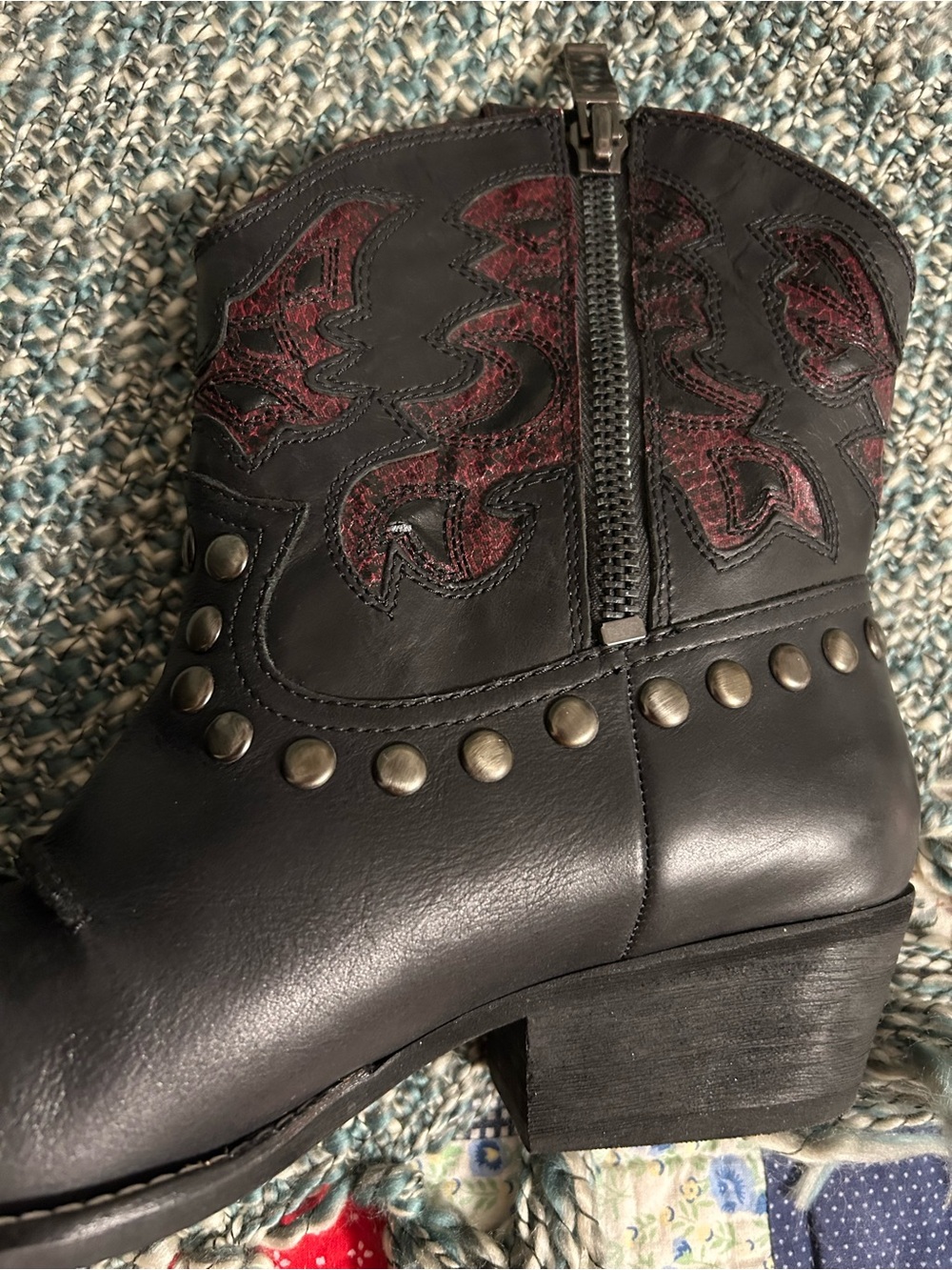 Reba Black Leather Studded Western Booties with Burgundy Stitching - Picture 4 of 7